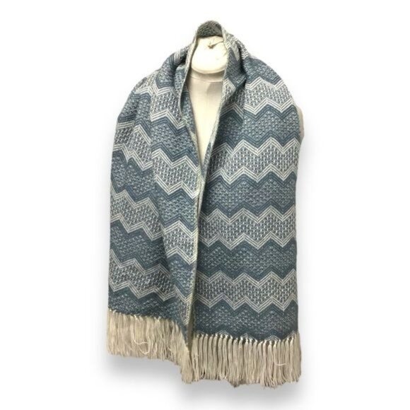 Figueroa Alpaca Blanket Wrap Scarf with Tassel Fringe, Blue Chevron, OSFA - Picture 2 of 6
